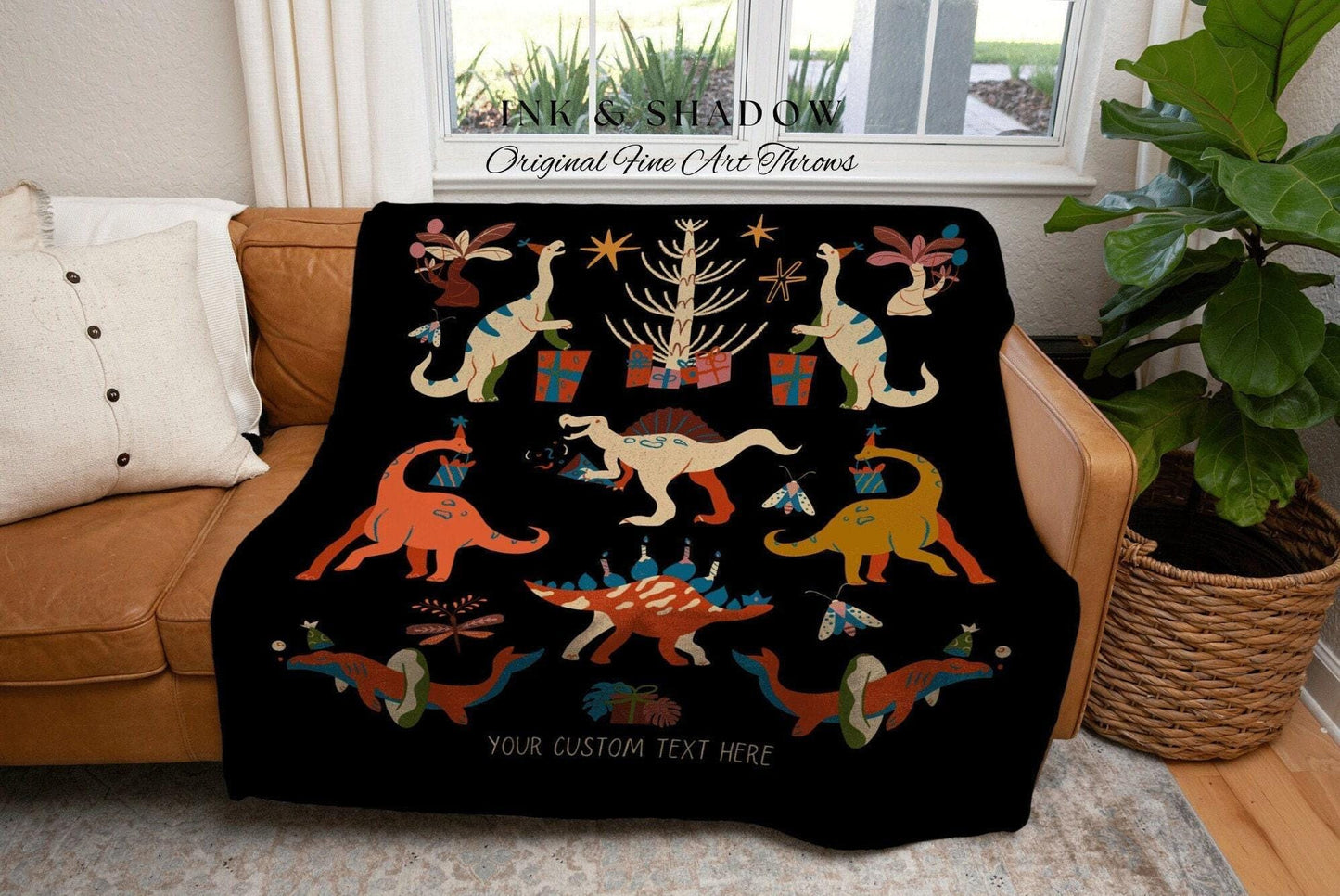 Vintage Dino Blanket Personalized Message Gift | First Birthday Gift Custom Tapestry Dinosaur Blanket Woven | Custom Dino Bedding For Boys |