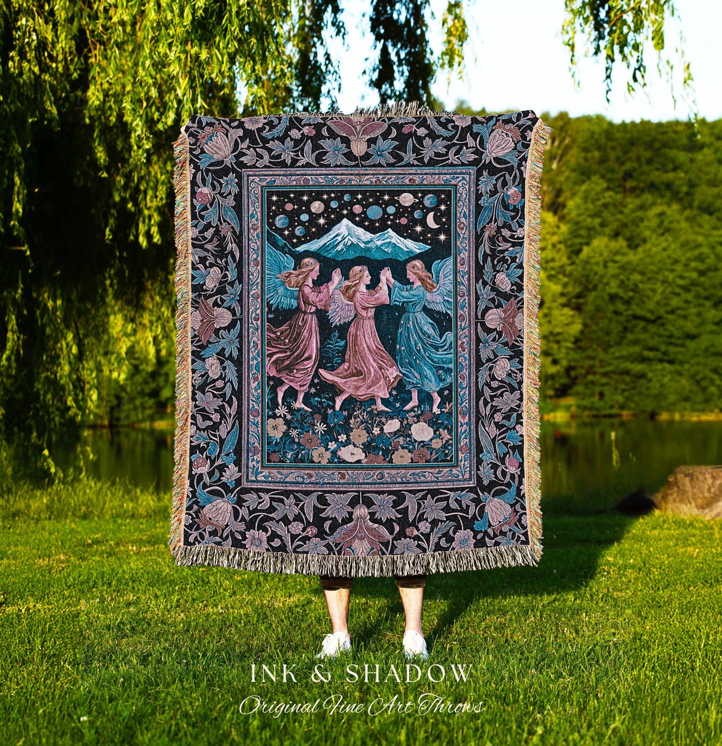 Mountain Maidens Ethereal Woven Tapestry | Whimsical Folklore Angels Enchanted Cottagecore Throw Blanket Medieval Fairycore Dark Academia |