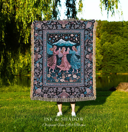 Mountain Maidens Ethereal Woven Tapestry | Whimsical Folklore Angels Enchanted Cottagecore Throw Blanket Medieval Fairycore Dark Academia |