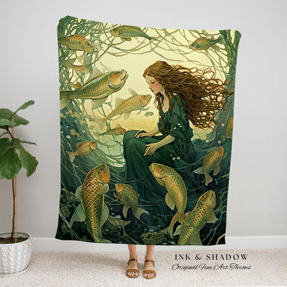 Goblincore Mermaid Tapestry | Fairy Aesthetic Celestial Cottagecore Decor Art Nouveau Tapestry Woven Blanket Fairycore Decor Retro Mermaid |