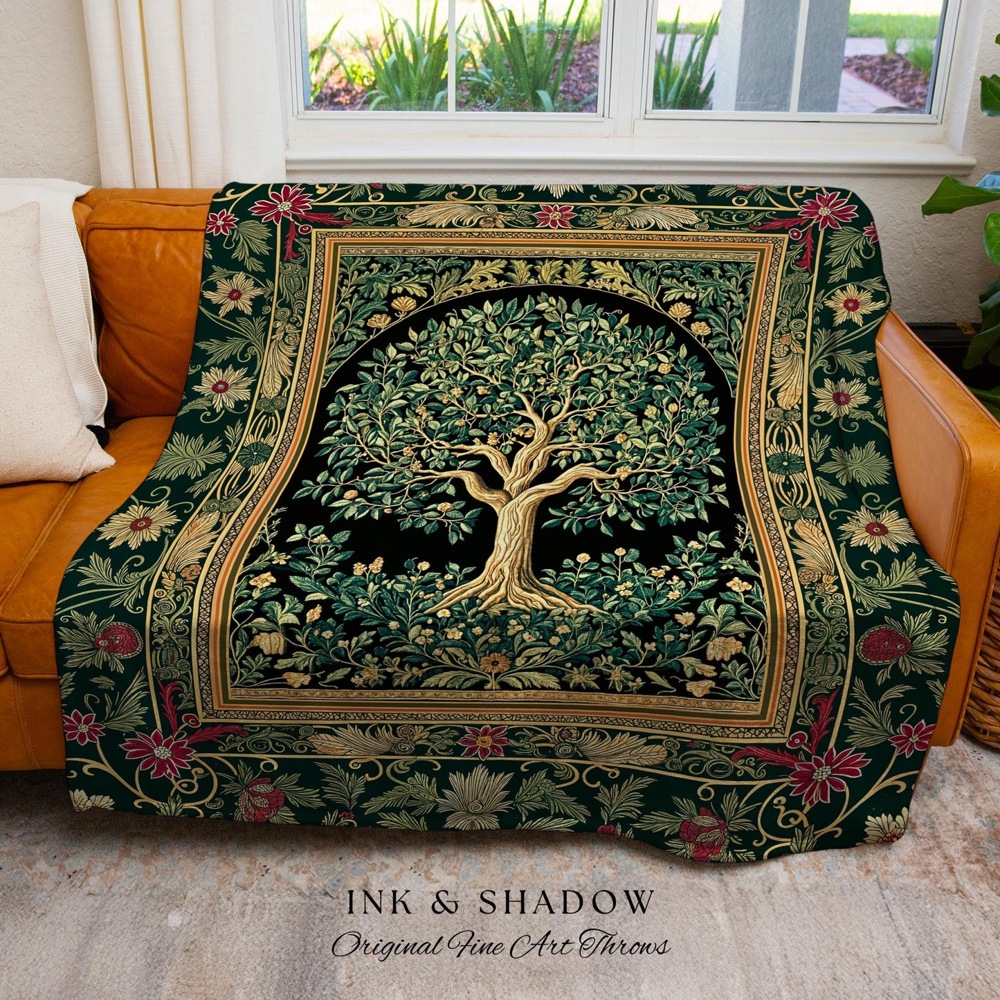 Forest Green Heritage Tree Tapestry Blanket Jacquard Woven Coverlet