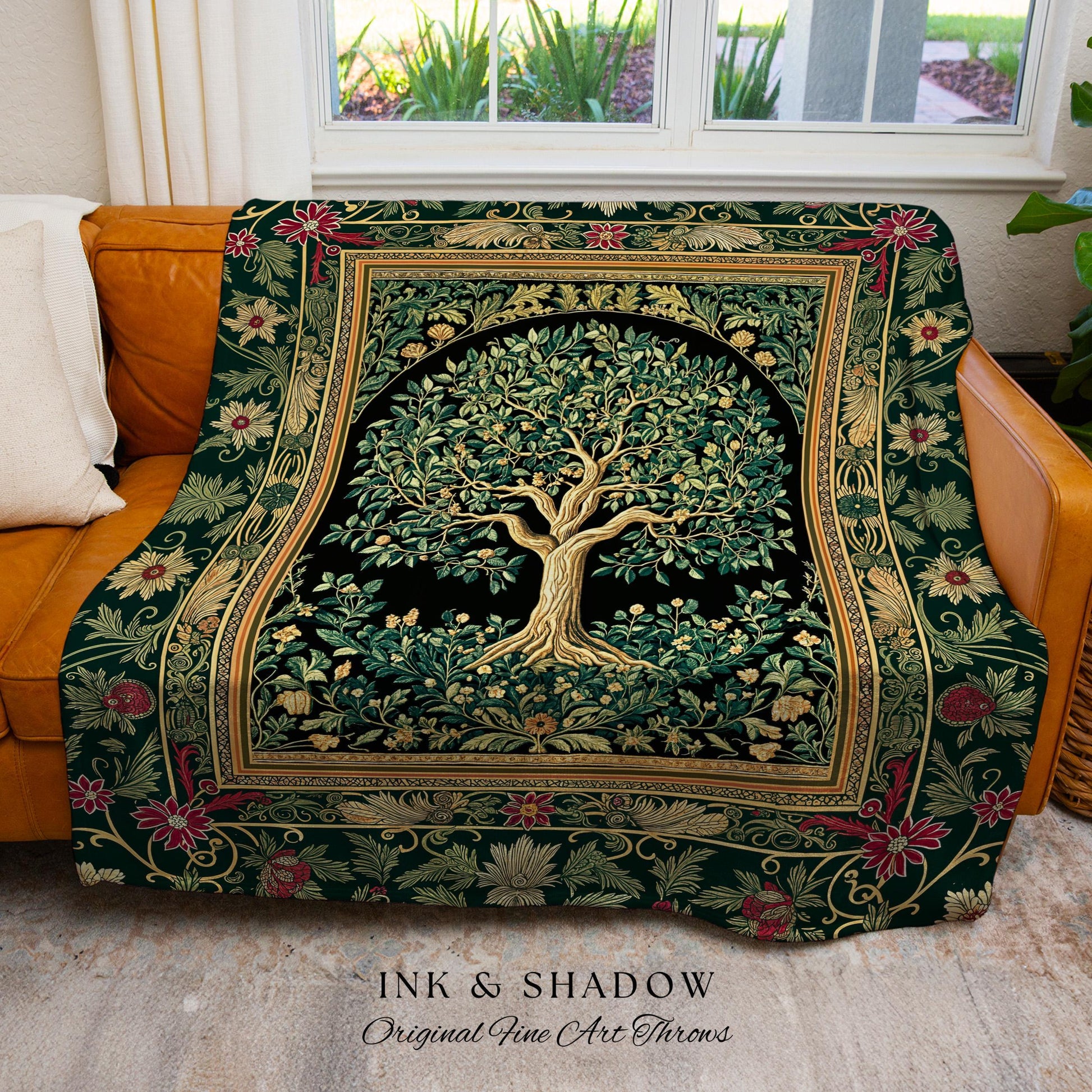 Forest Green Heritage Tree Tapestry Blanket Jacquard Woven Coverlet