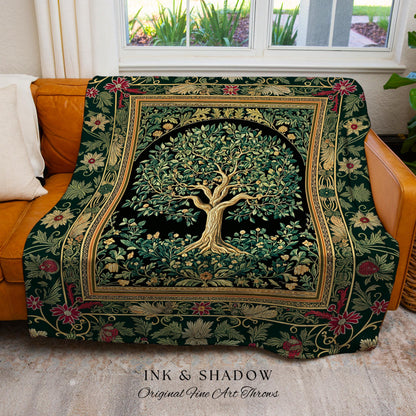 Forest Green Heritage Tree Tapestry Blanket Jacquard Woven Coverlet