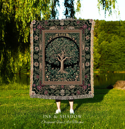 Forest Green Heritage Tree Tapestry Blanket Jacquard Woven Coverlet