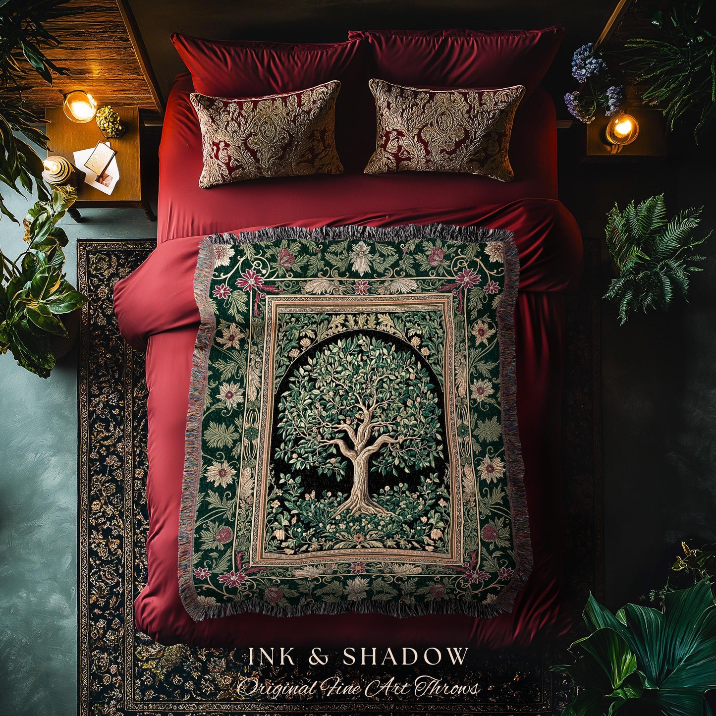 Forest Green Heritage Tree Tapestry Blanket Jacquard Woven Coverlet