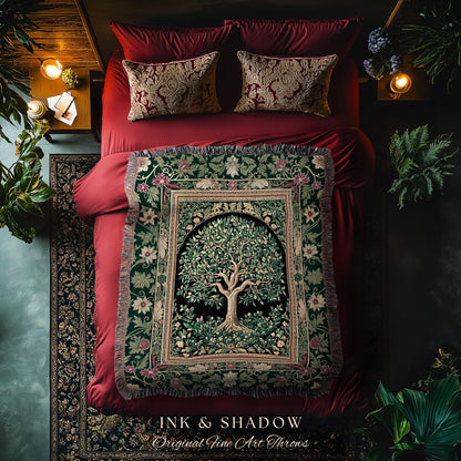Forest Green Heritage Tree Tapestry Blanket Jacquard Woven Coverlet