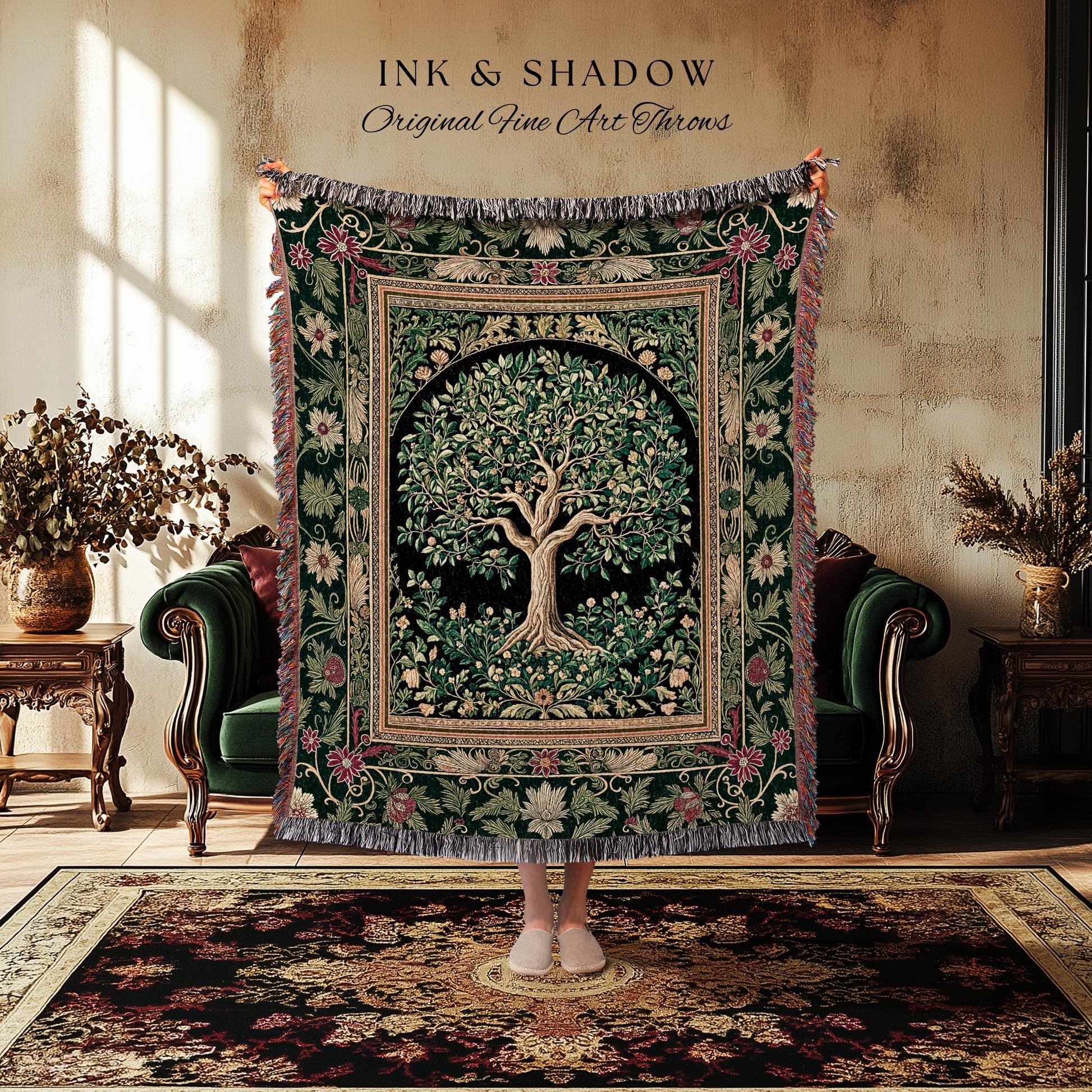 Forest Green Heritage Tree Tapestry Blanket Jacquard Woven Coverlet