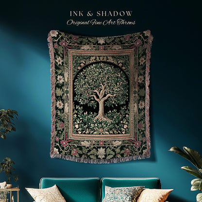 Forest Green Heritage Tree Tapestry Blanket Jacquard Woven Coverlet