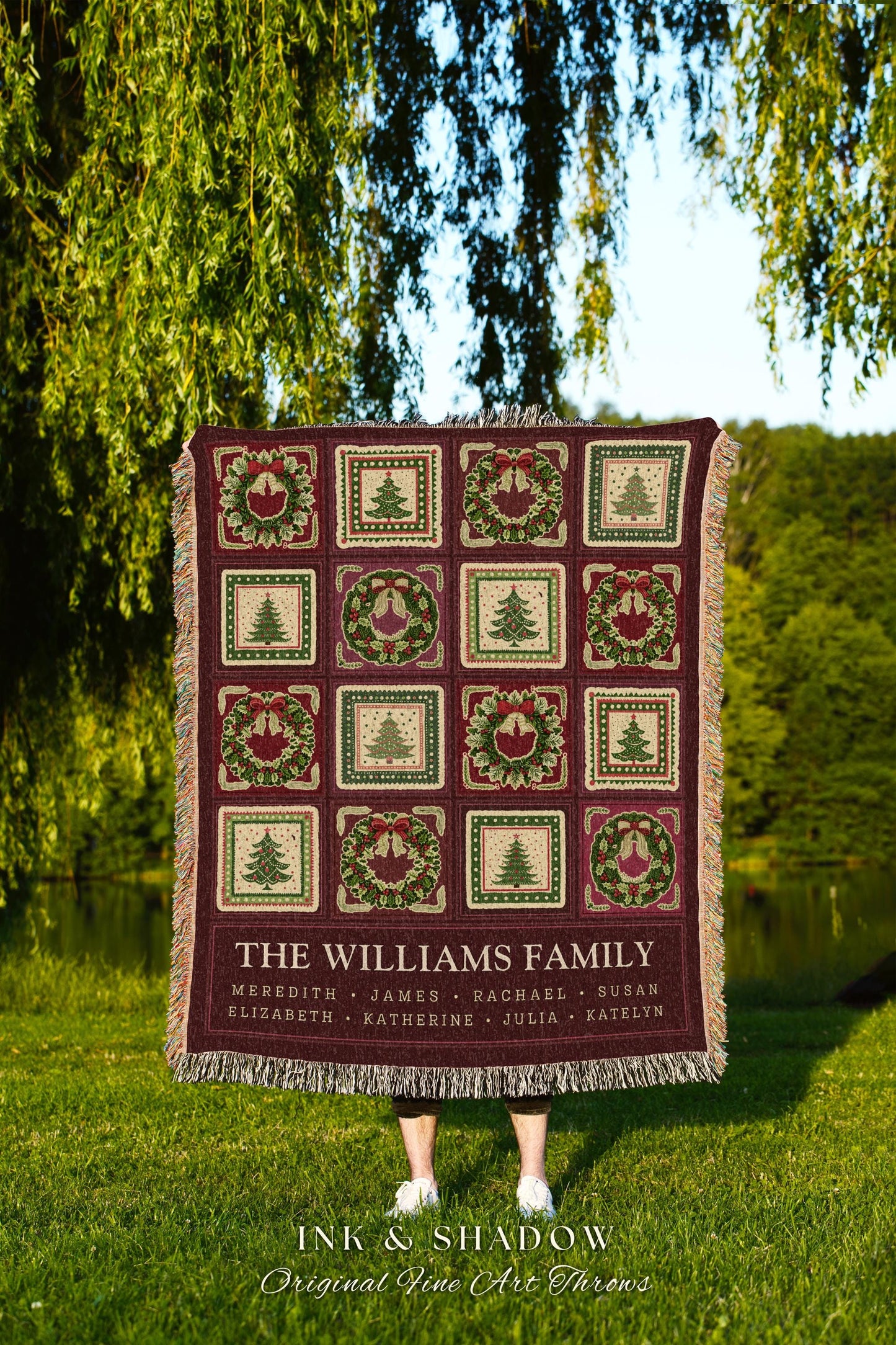 Heritage Family Tree Christmas Wreath Custom Tapestry Throw Vintage Nostalgic Festive Folk Art Blanket Personalized Names Grandparents Gift