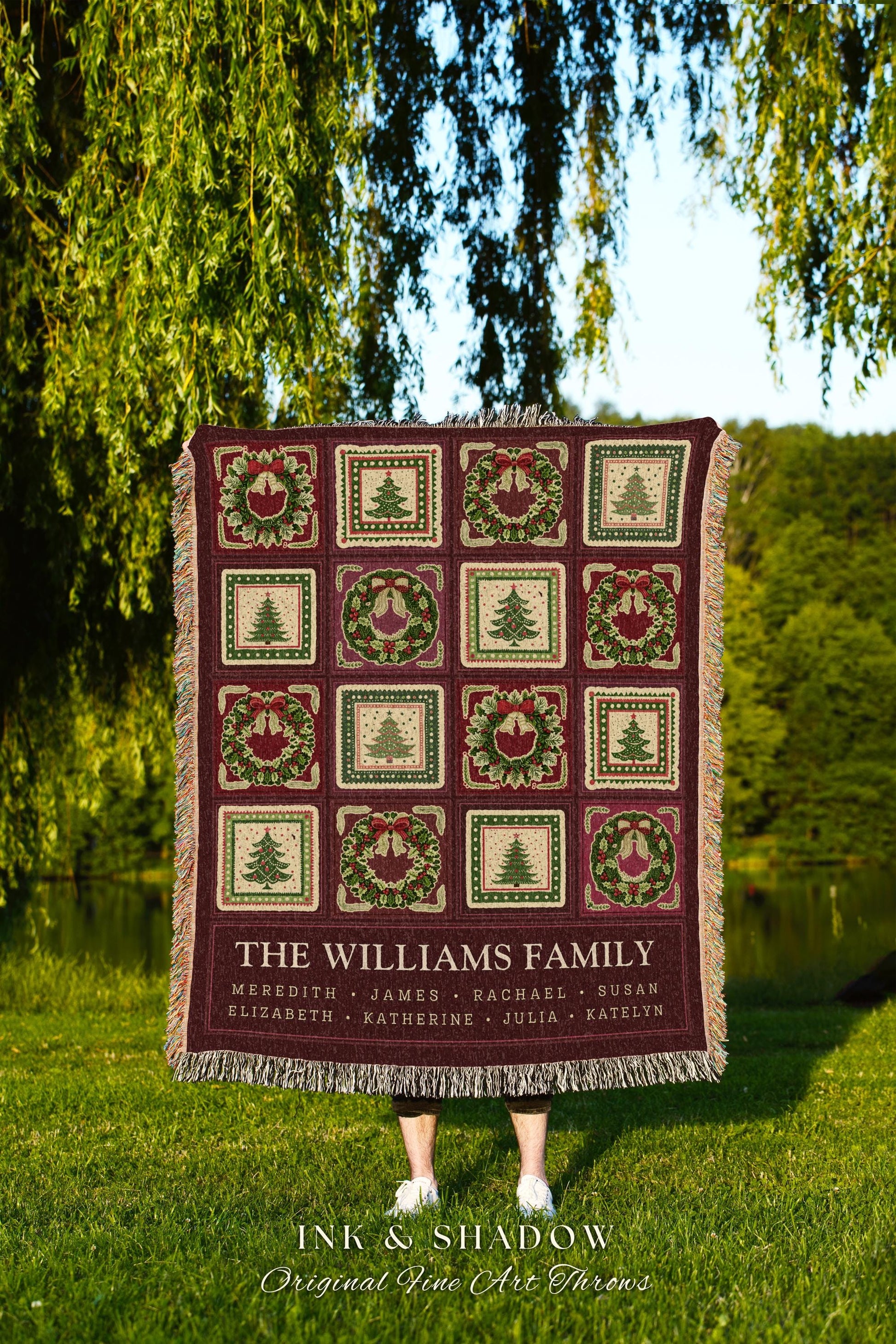 Heritage Family Tree Christmas Wreath Custom Tapestry Throw Vintage Nostalgic Festive Folk Art Blanket Personalized Names Grandparents Gift