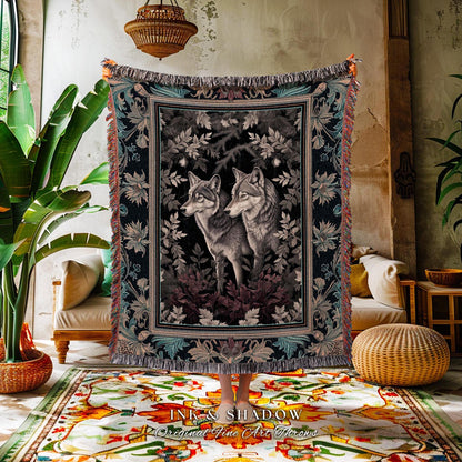 Cabincore Cozy Woodland Wolf Blanket | Ethereal Botanical Enchanted Forest Mystic Wolf Blanket Lake House Tapestry Fairy Aesthetic Gothic |