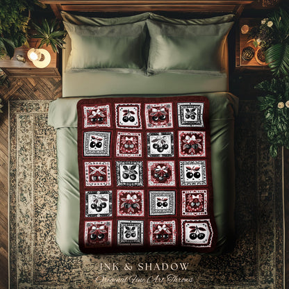 Cherry Blanket Coquette Gothic Throw | Sweetheart Aesthetic Bedroom Coverlet Blanket Red Velvet Whimsigothic Maximalist Retro Girly Goth |