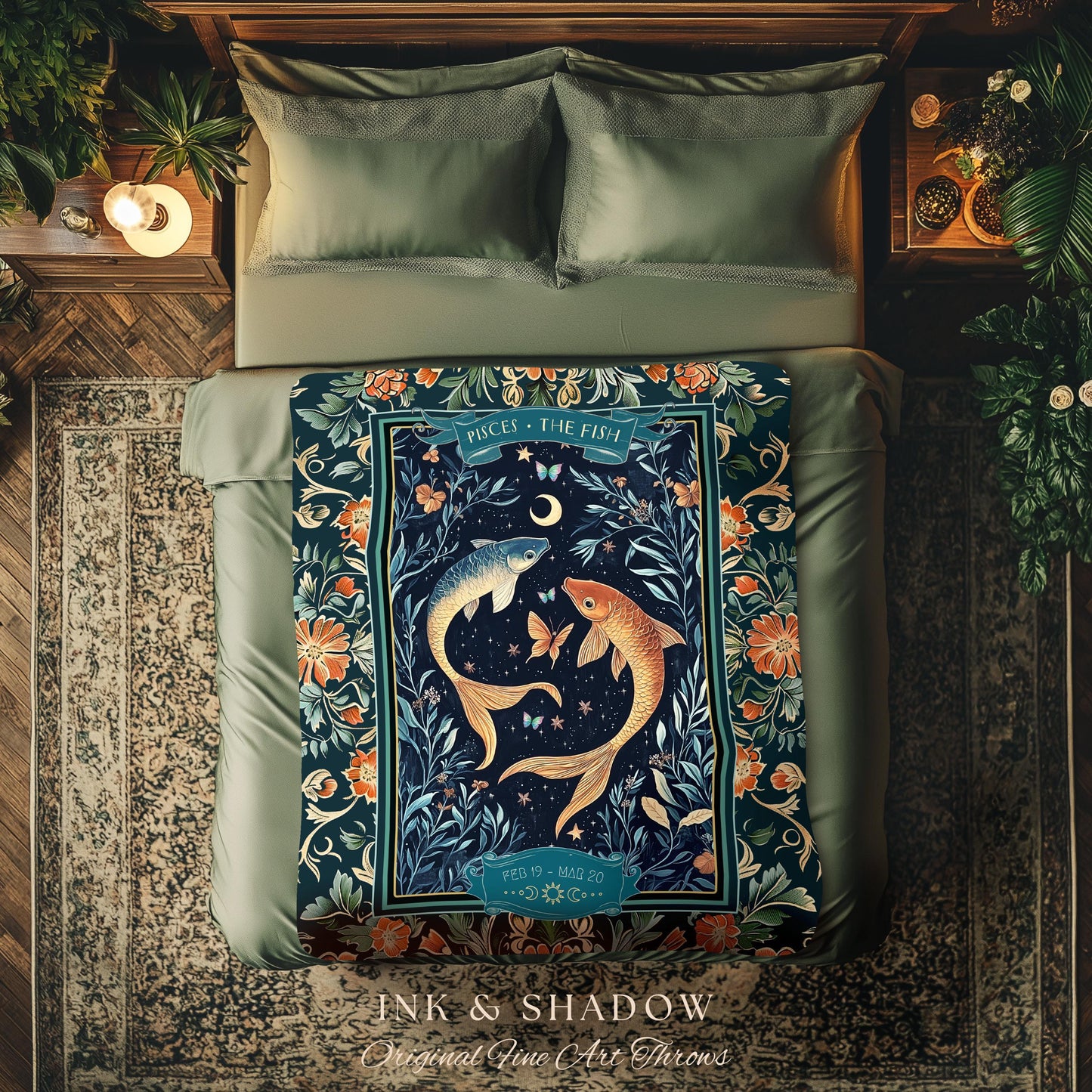 Moonlit Pisces Zodiac Tapestry Blanket Dreamy Celestial Art Nouveau Style | The Fish Star Sign Whimsical Botanical Water Birthday Month Gift
