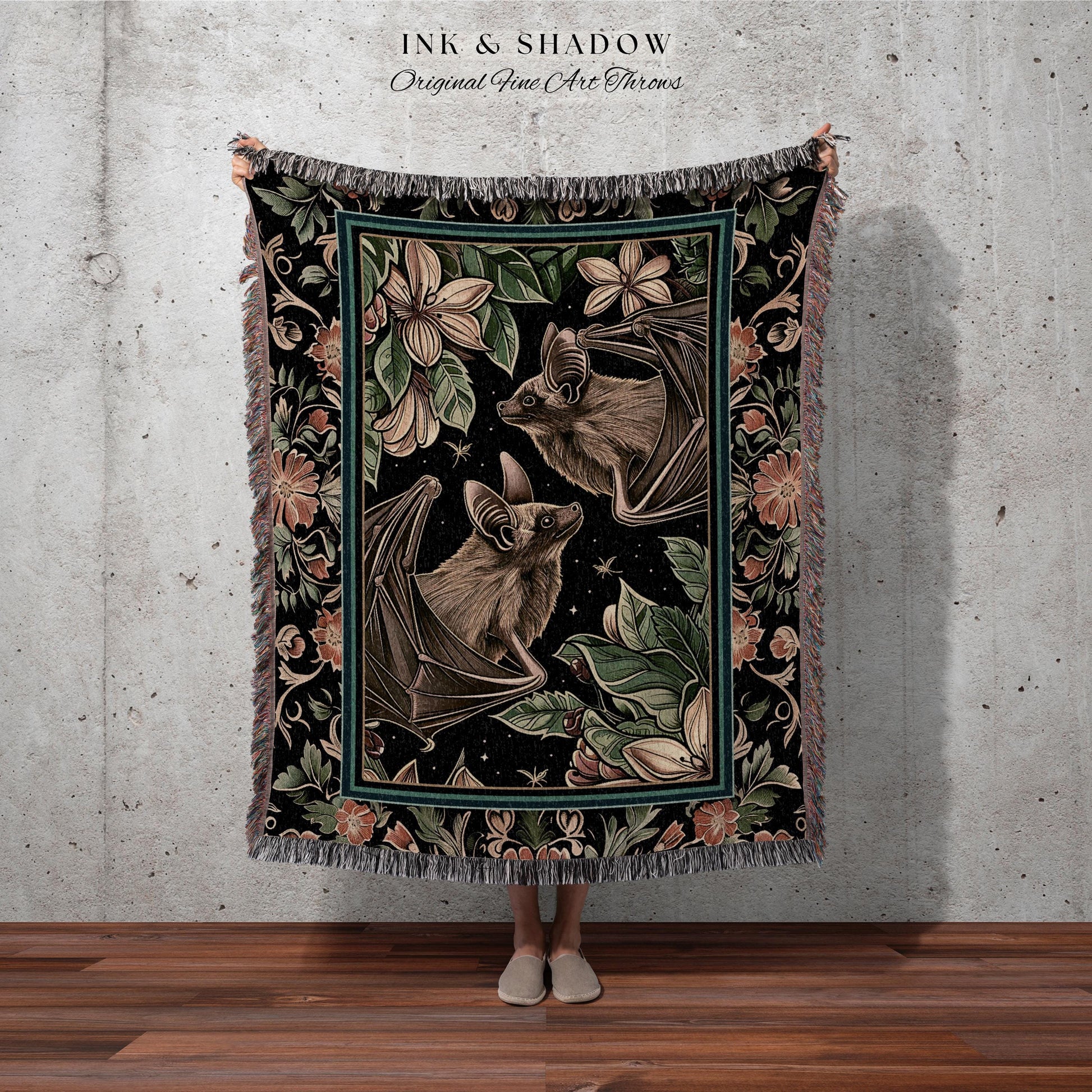 Botanical Vintage Bat Tapestry Blanket Woven Wall Hanging | Dark Academia Woodland Celestial Floral Forest Cottagecore Whimsigothic Blanket