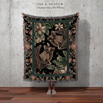 Botanical Vintage Bat Tapestry Blanket Woven Wall Hanging | Dark Academia Woodland Celestial Floral Forest Cottagecore Whimsigothic Blanket