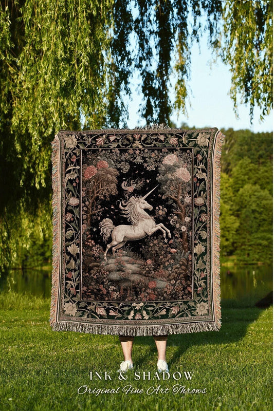 Unicorn Mystical Medieval Art Blanket Folklore Whimsigothic Decor, Dark Cottagecore Mystic Grunge Fairycore Whimsical Witchy Tapestry Throw