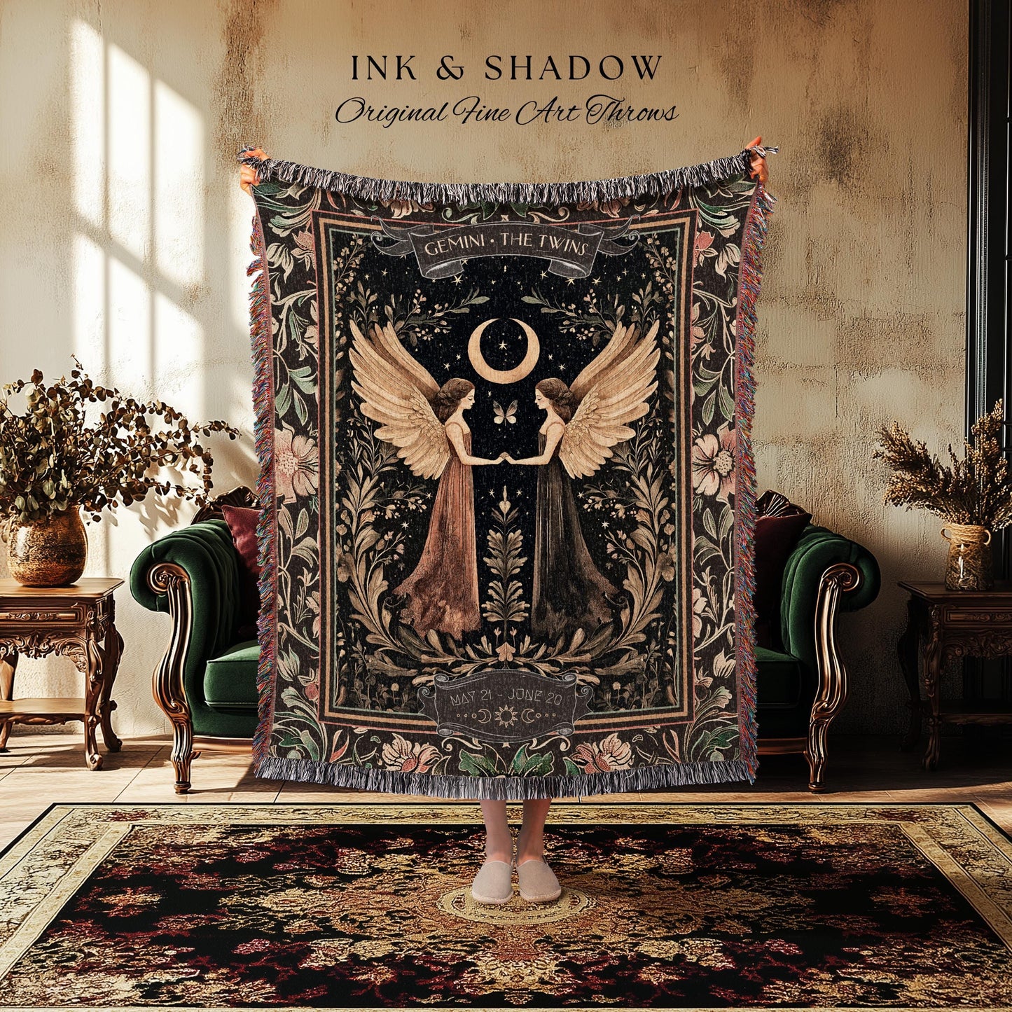 Folklore Inspired Gemini Astrology Blanket Rustic Fairycore Zodiac Tapestry | The Twins Celestial Star Sign Birthday Gift Constellation Art