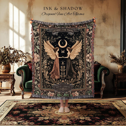 Folklore Inspired Gemini Astrology Blanket Rustic Fairycore Zodiac Tapestry | The Twins Celestial Star Sign Birthday Gift Constellation Art