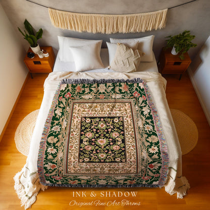 Victorian Garden Floral Throw Blanket | Romantic Rococo Botanical Accent Baroque Pattern Decor Cottagecore Jewel Toned Woven Tapestry Boho |