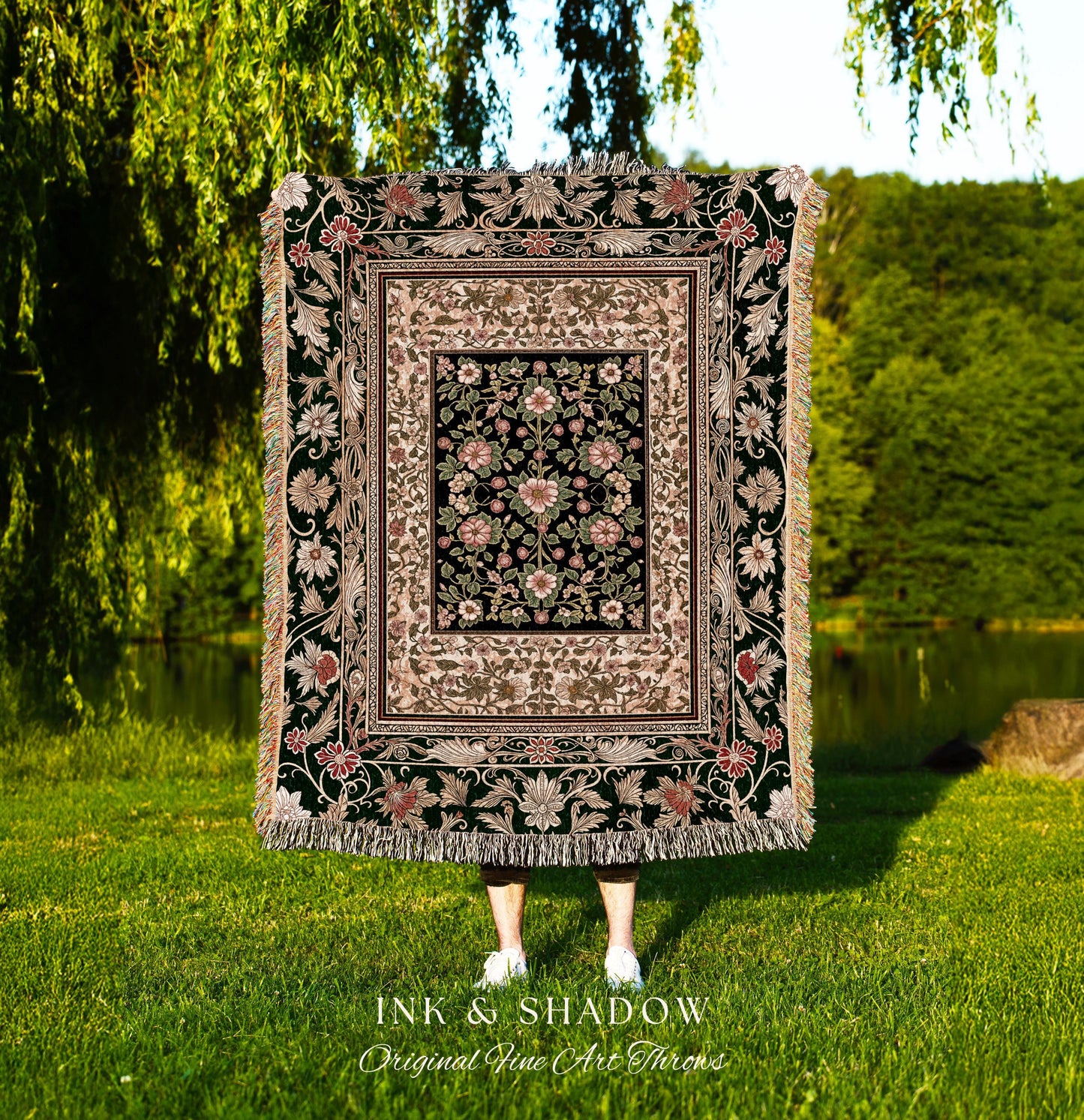 Victorian Garden Floral Throw Blanket | Romantic Rococo Botanical Accent Baroque Pattern Decor Cottagecore Jewel Toned Woven Tapestry Boho |