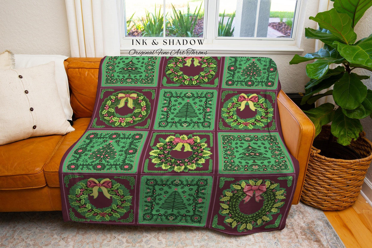 Retro Bohemian Farmhouse Holiday Throw Whimsical Wreath & Tree Blanket | Boho Cottagecore Christmas Tapestry Vintage Festive Winter Decor
