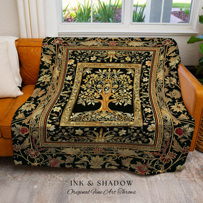 Regal Golden Tree of Life Wall Tapestry | Gilt Border Ornate Medieval Design Folklore Style Woodland Decor Maximalist Throw Blanket Nordic |