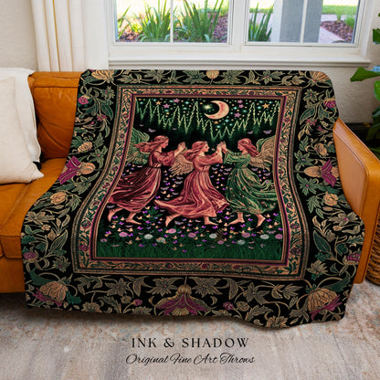 Moonlit Forest Nymph Woven Tapestry | Medieval Elegance Woodland Fairycore Dark Academia Throw Blanket Midsummer Aesthetic Scandi Folklore |