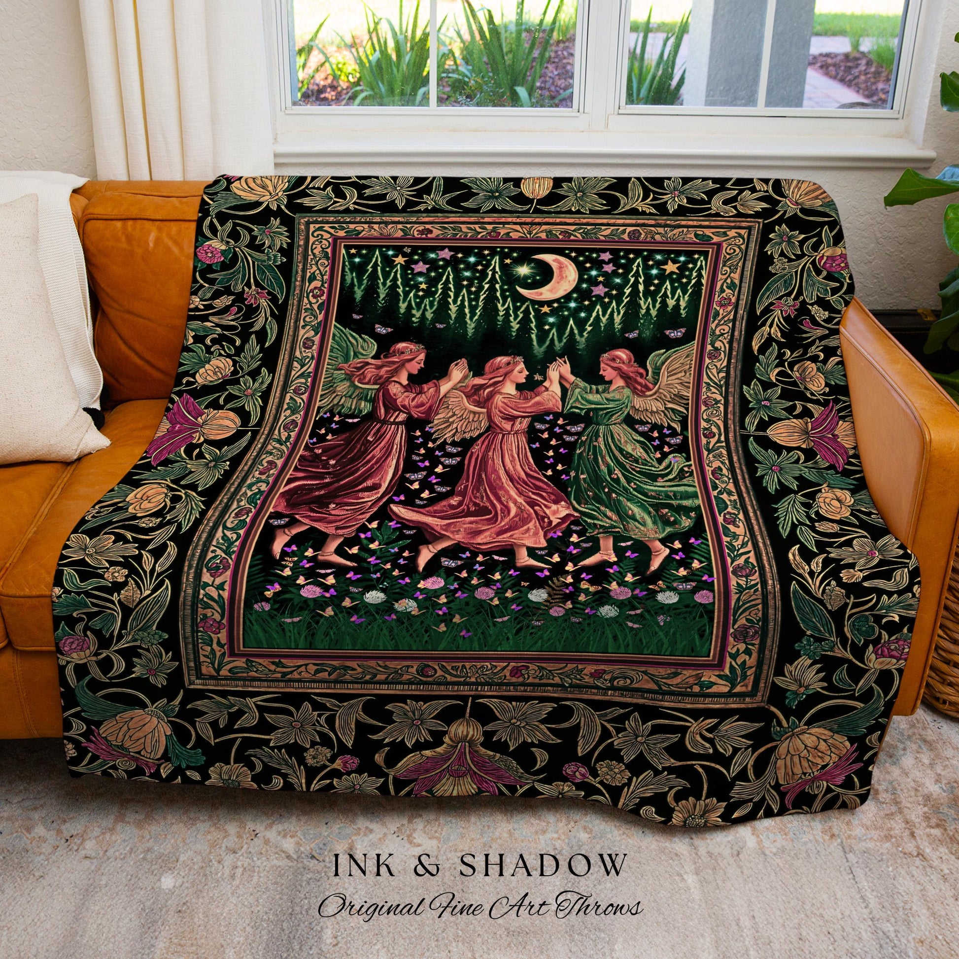 Moonlit Forest Nymph Woven Tapestry Throw Blanket | Medieval Elegance Woodland Fairycore Dark Academia Midsummer Celestial Folklore Wall Art