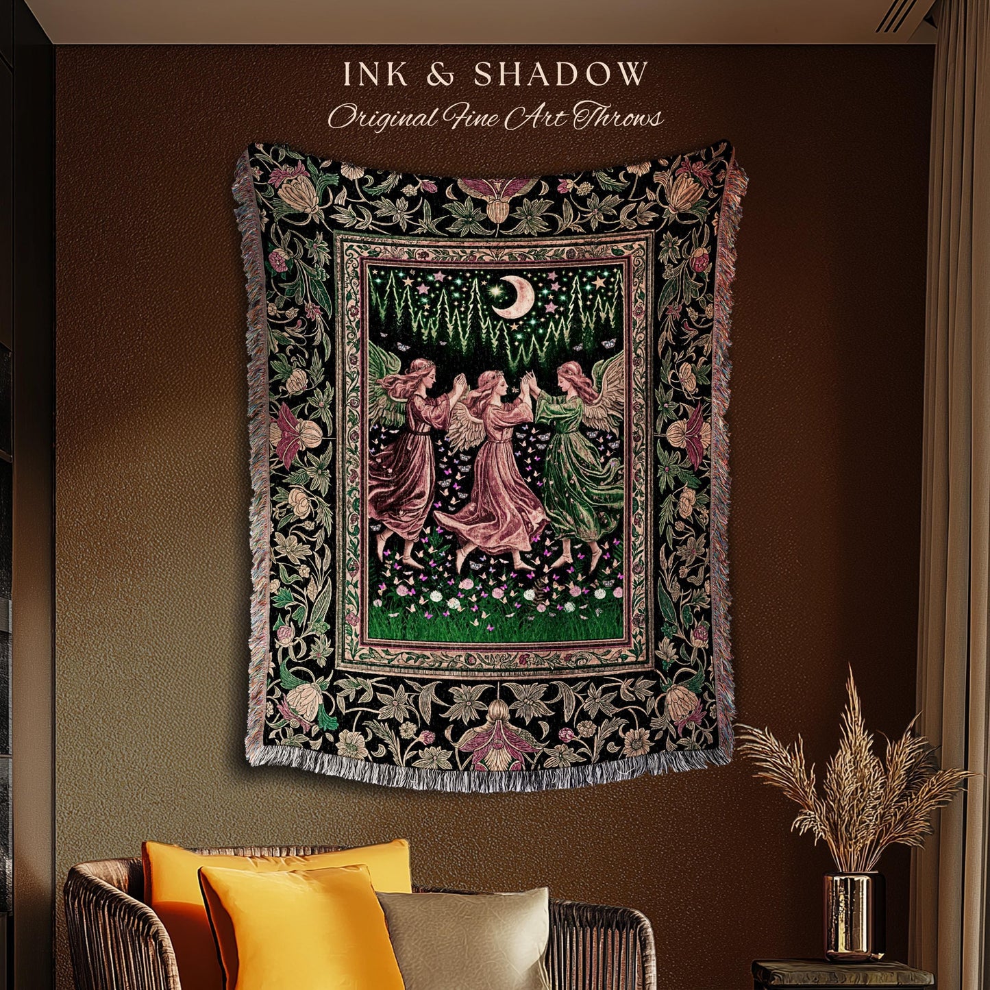 Moonlit Forest Nymph Woven Tapestry Throw Blanket | Medieval Elegance Woodland Fairycore Dark Academia Midsummer Celestial Folklore Wall Art