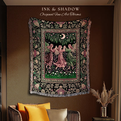 Moonlit Forest Nymph Woven Tapestry Throw Blanket | Medieval Elegance Woodland Fairycore Dark Academia Midsummer Celestial Folklore Wall Art