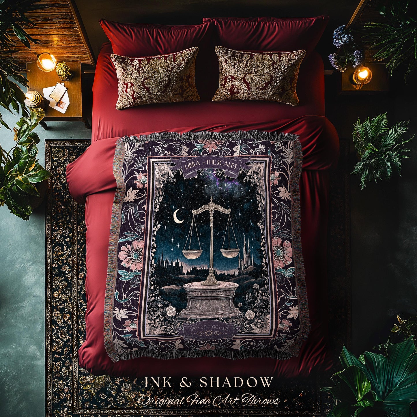 Dark Academia Libra Zodiac Tapestry Astrology Mystic Landscape Star Sign Blanket | The Scales Constellation Art Whimsigothic Celestial Throw