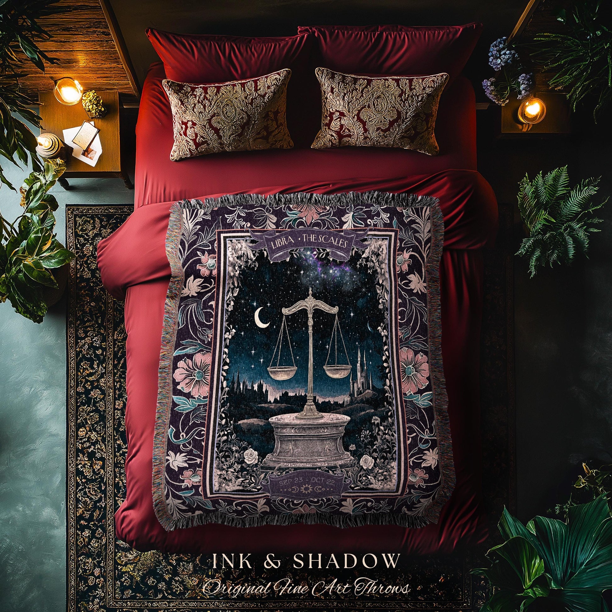 Dark Academia Libra Zodiac Tapestry Astrology Mystic Landscape Star Sign Blanket | The Scales Constellation Art Whimsigothic Celestial Throw