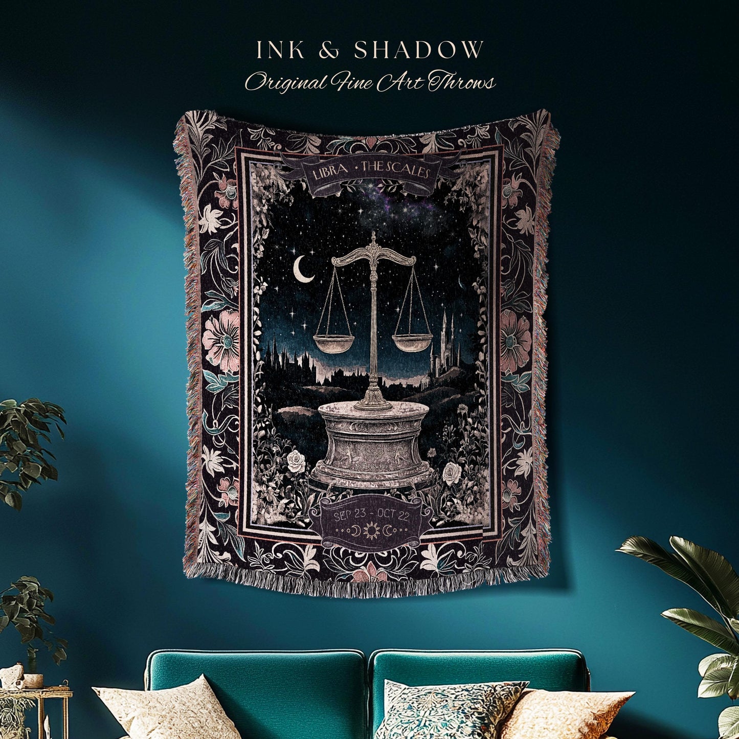 Dark Academia Libra Zodiac Tapestry Astrology Mystic Landscape Star Sign Blanket | The Scales Constellation Art Whimsigothic Celestial Throw