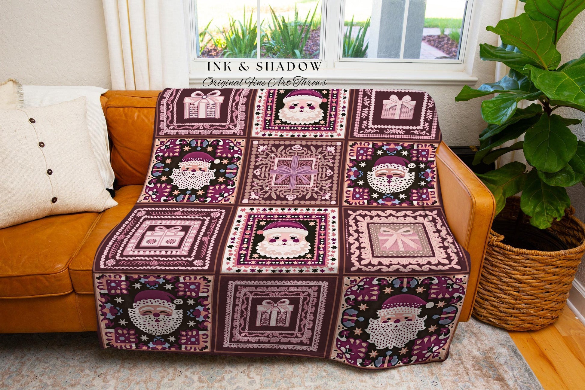 Pink Coquette Christmas Santa Festive Folk Art Blanket Retro Soft Cottagecore, Pastel Holiday Tapestry Throw Cozy Nostalgic Whimsical Decor