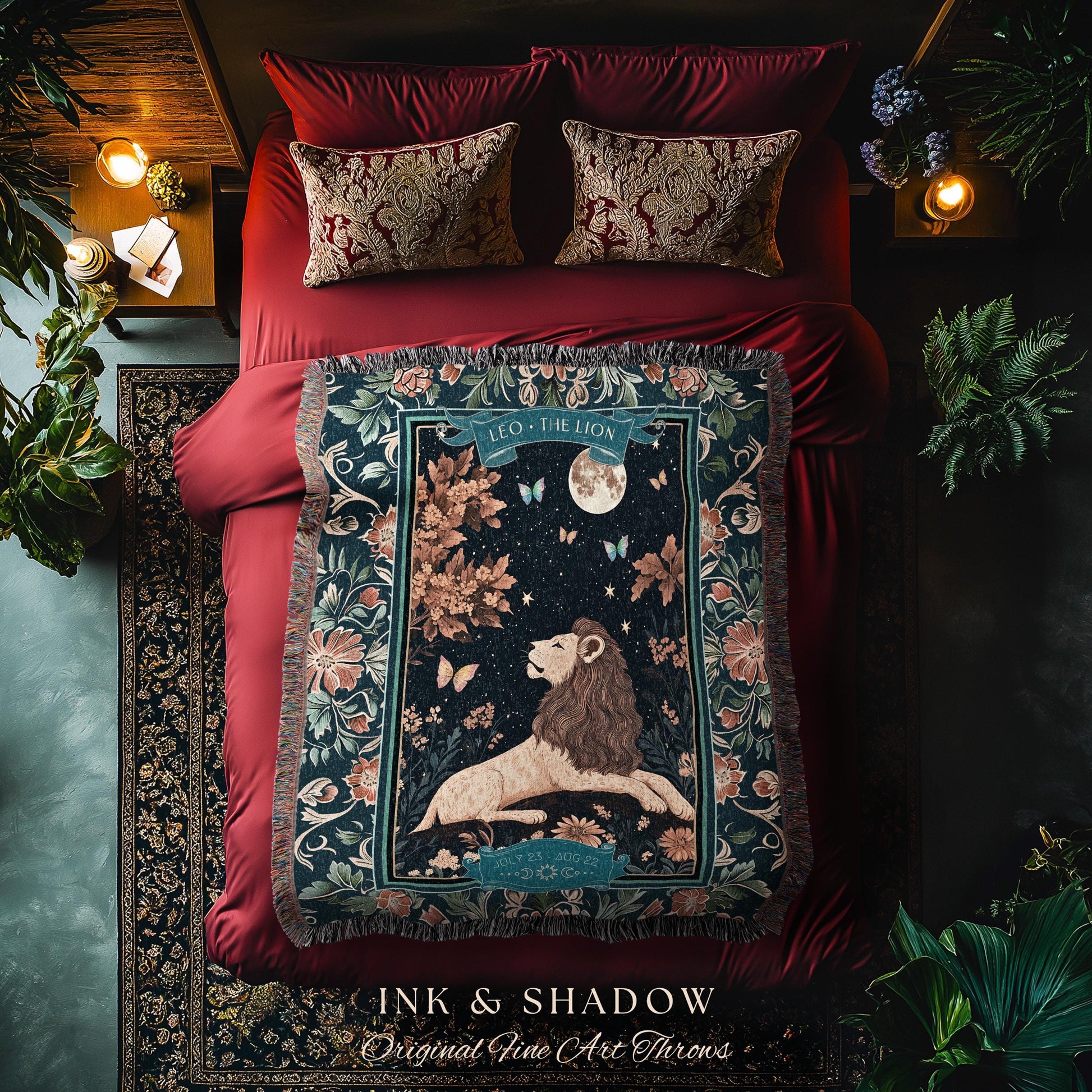 Moonlit Leo Star Sign Throw Dreamy Woodland Whimsy Celestial Art Nouveau Zodiac Tapestry Blanket | Mythical Lion Astrology Birth Month Gift