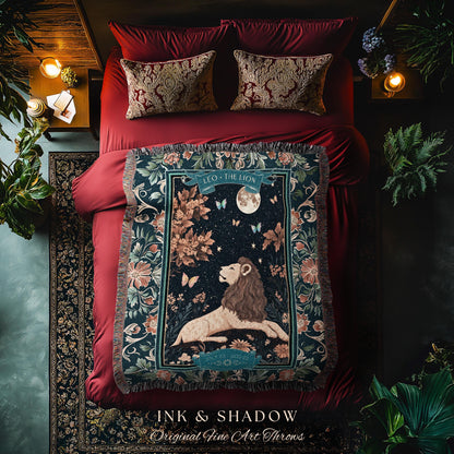 Moonlit Leo Star Sign Throw Dreamy Woodland Whimsy Celestial Art Nouveau Zodiac Tapestry Blanket | Mythical Lion Astrology Birth Month Gift