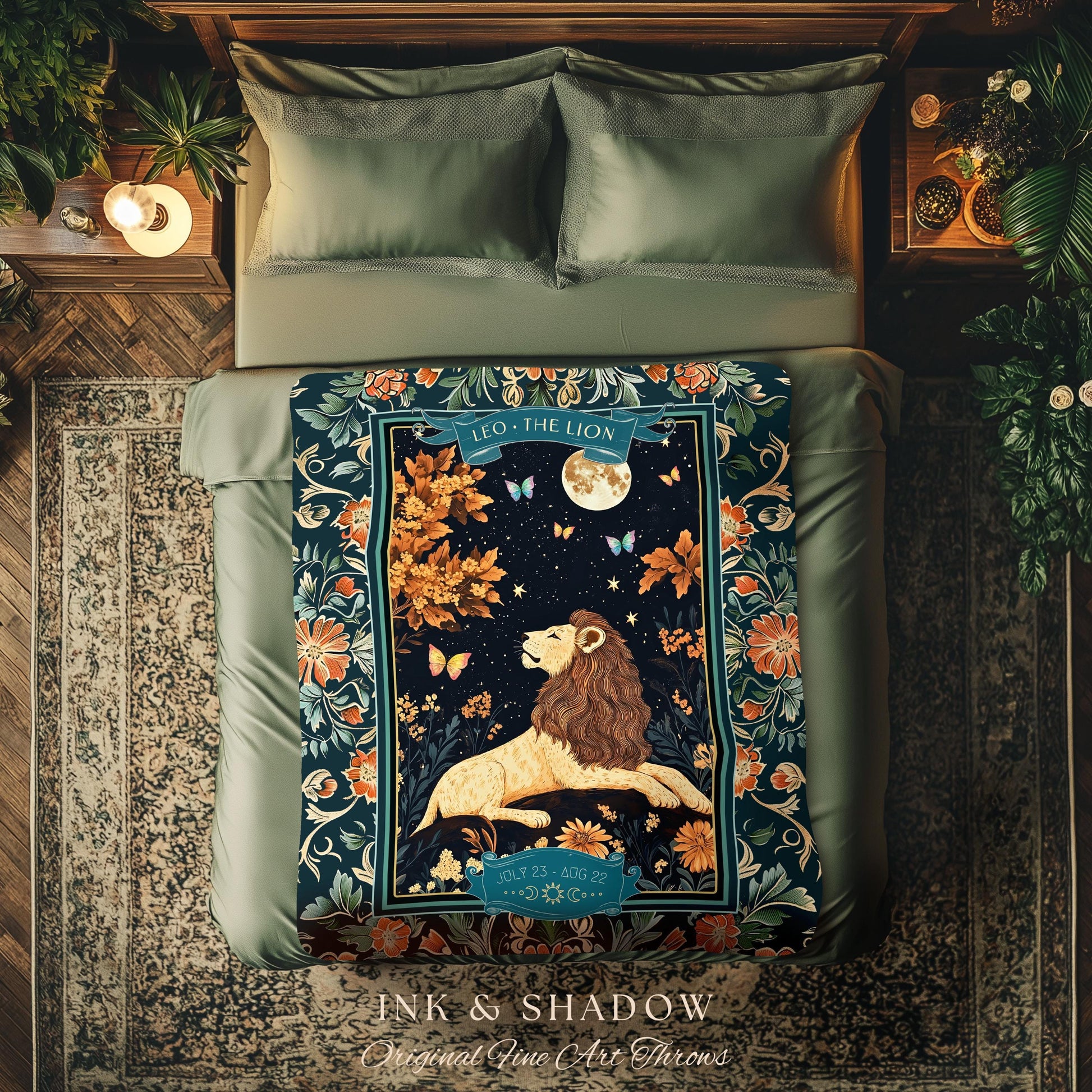 Moonlit Leo Star Sign Throw Dreamy Woodland Whimsy Celestial Art Nouveau Zodiac Tapestry Blanket | Mythical Lion Astrology Birth Month Gift
