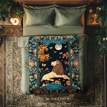 Moonlit Leo Star Sign Throw Dreamy Woodland Whimsy Celestial Art Nouveau Zodiac Tapestry Blanket | Mythical Lion Astrology Birth Month Gift