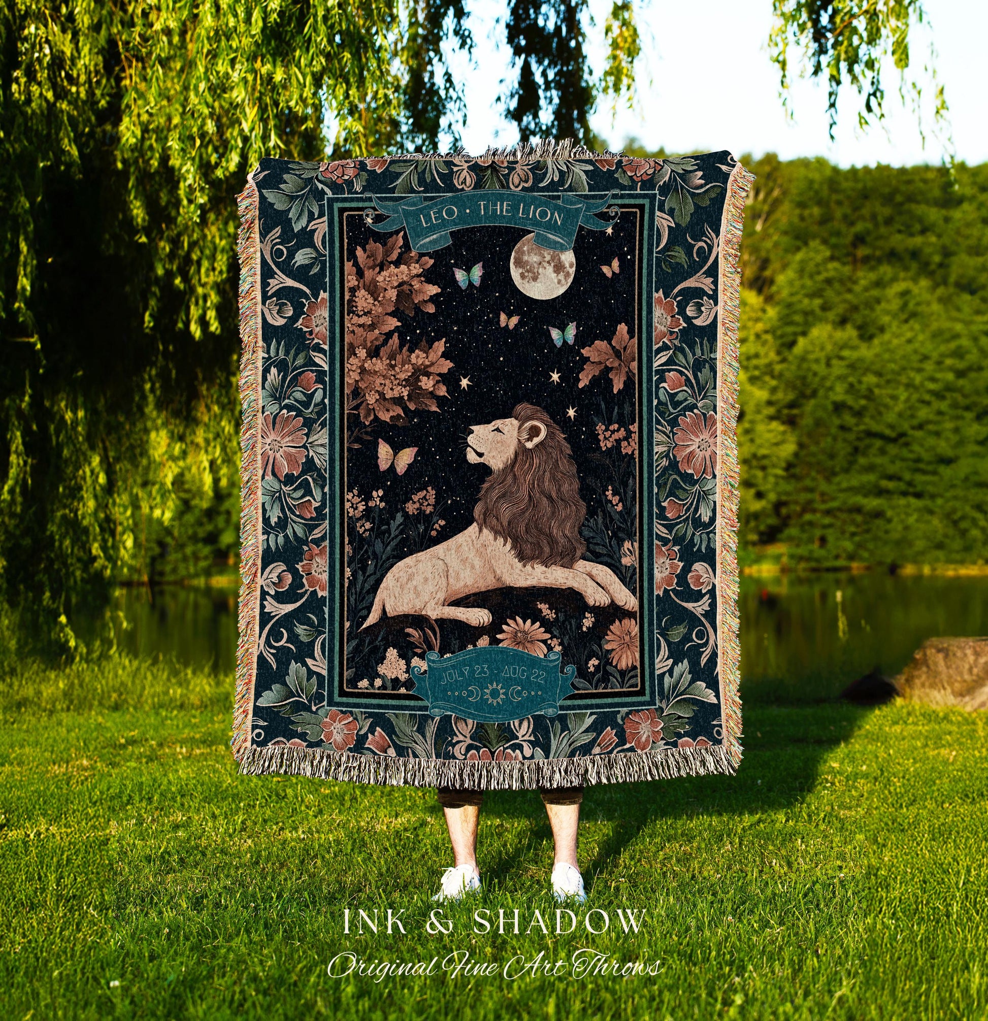 Moonlit Leo Star Sign Throw Dreamy Woodland Whimsy Celestial Art Nouveau Zodiac Tapestry Blanket | Mythical Lion Astrology Birth Month Gift