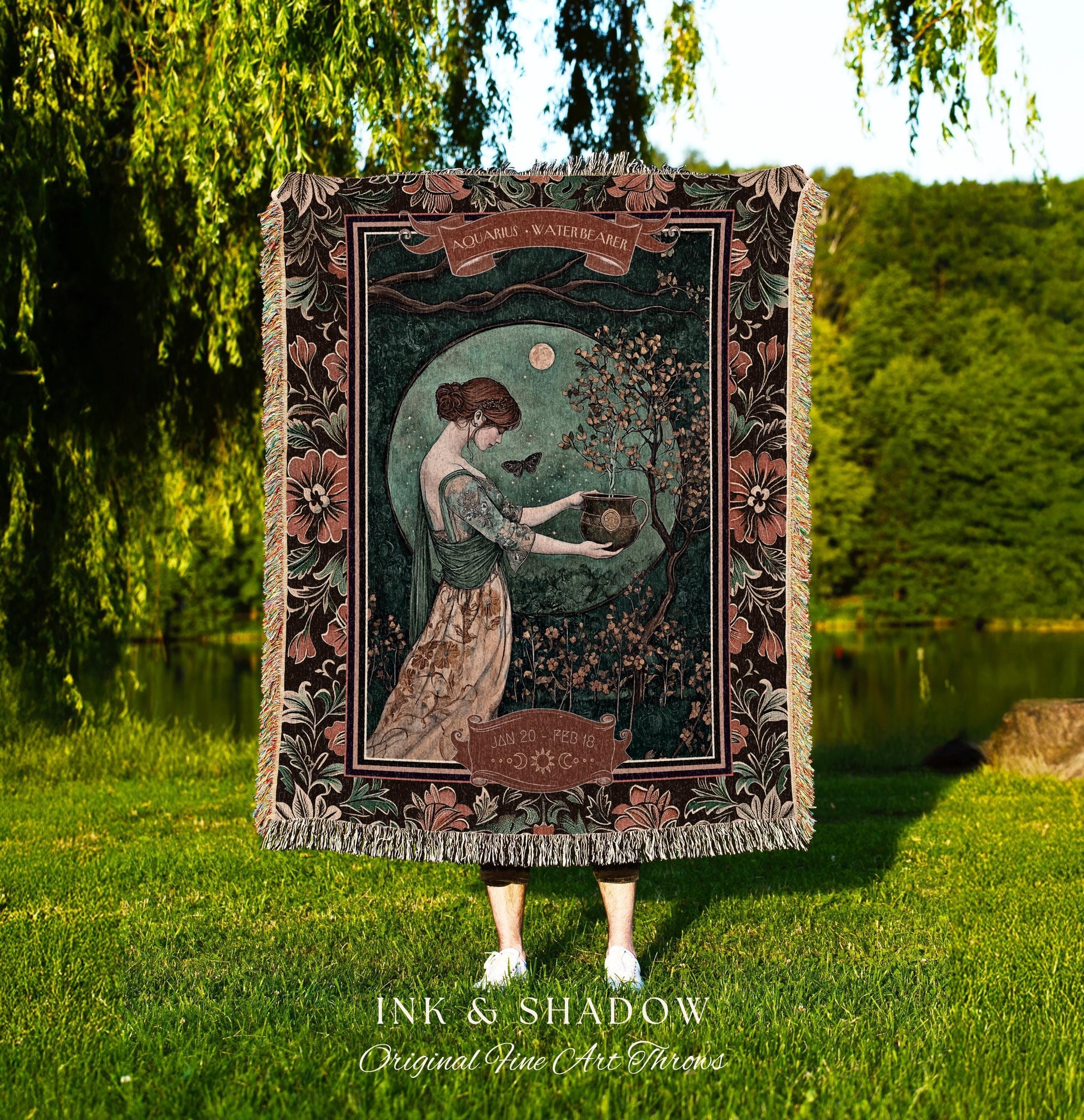 Victorian Nouveau Celestial Fairycore Aquarius Zodiac Tapestry Throw | The Water Bearer Star Sign Moonlit Astrology Art Birth Month Blanket