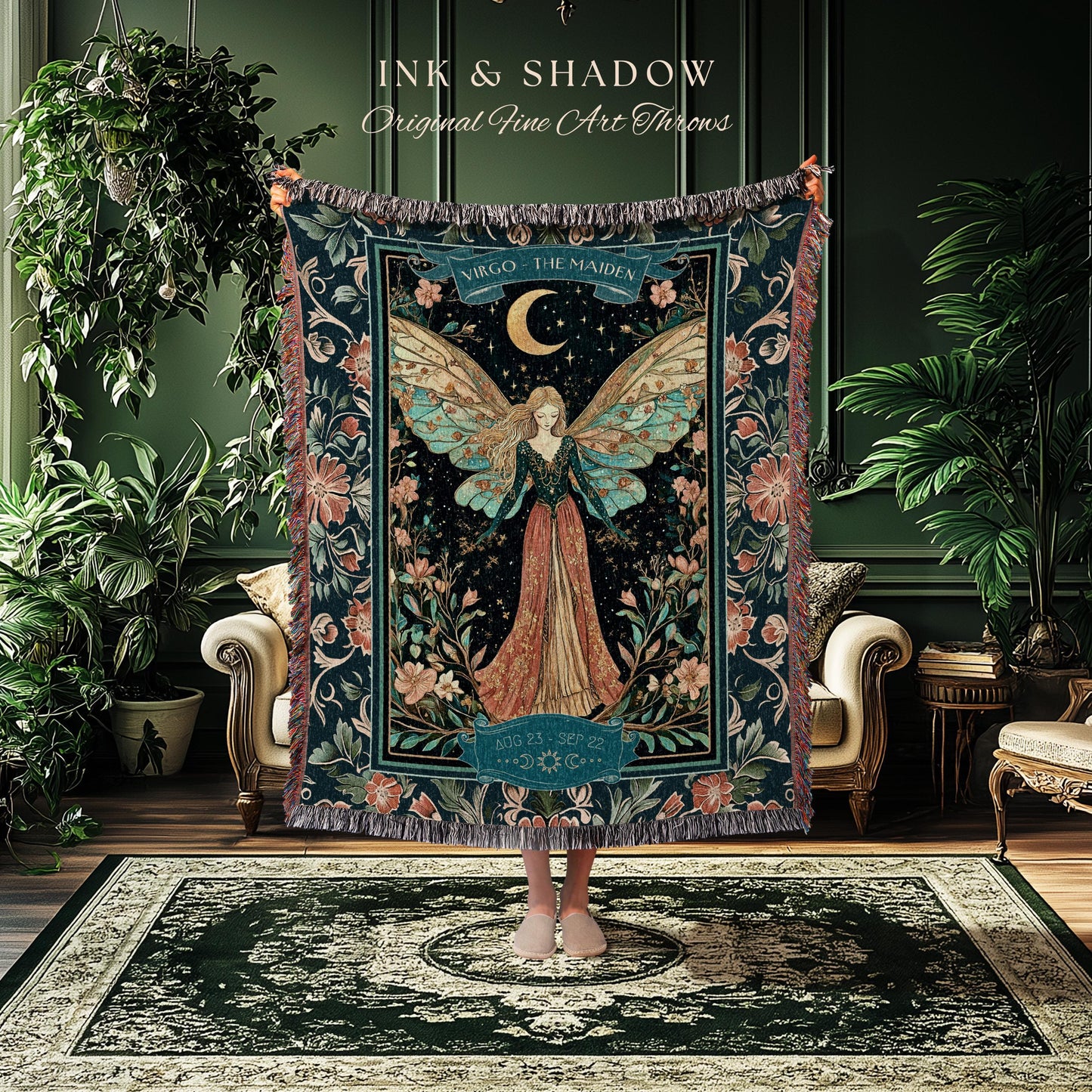 Dreamy Celestial Garden Virgo Tapestry Throw Zodiac Sign Floral Fairycore Blanket | Whimsical Astrology Art The Maiden Fantasy Birthday Gift