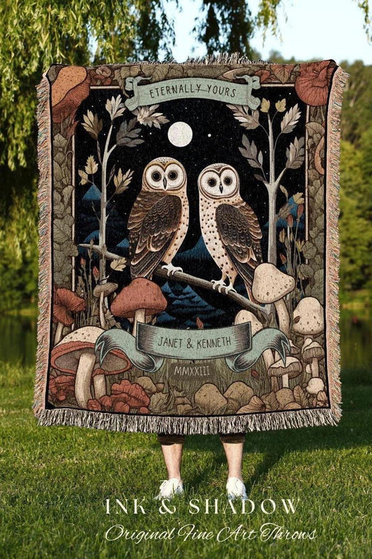 Woodland Owl Custom Blanket | Cottagecore Wedding Gothic Owl Throw Cute Couples Tapestry Personalized His & Hers Anniversary Throw Blanket |