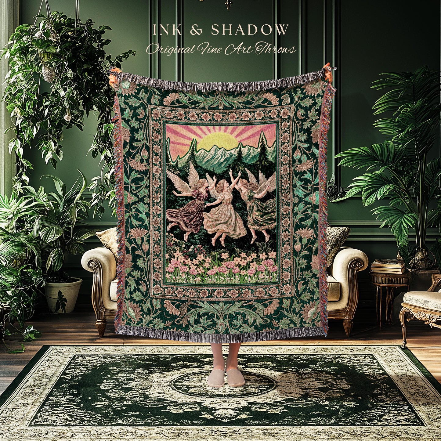 Storybook Retro Fairies Woven Tapestry | Whimsical Vintage Fairytale Enchanted Cottagecore Bedroom Dreamy Throw Blanket Medieval Mythology |