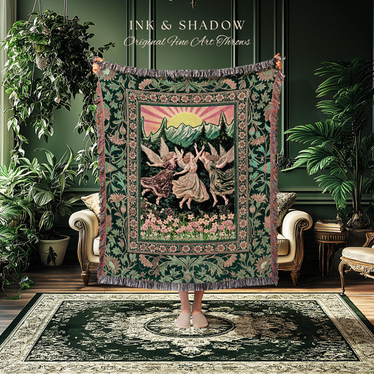 Storybook Retro Fairies Woven Tapestry | Whimsical Vintage Fairytale Enchanted Cottagecore Bedroom Dreamy Throw Blanket Medieval Mythology |