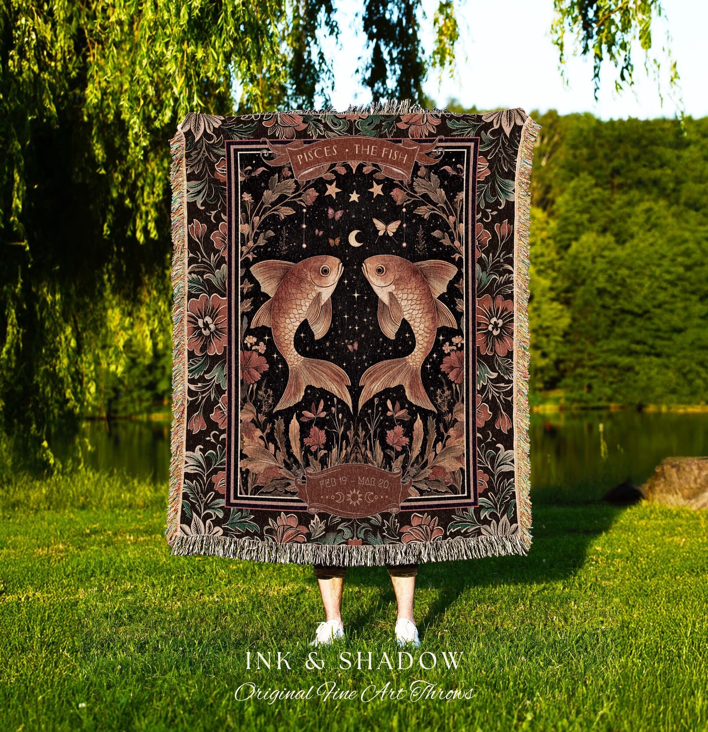 Dark Floral Celestial Pisces Zodiac Tapestry Throw Mystic Star Sign Astrology Gifts | Regal Vintage Victorian Fish Art Birth Month Blanket