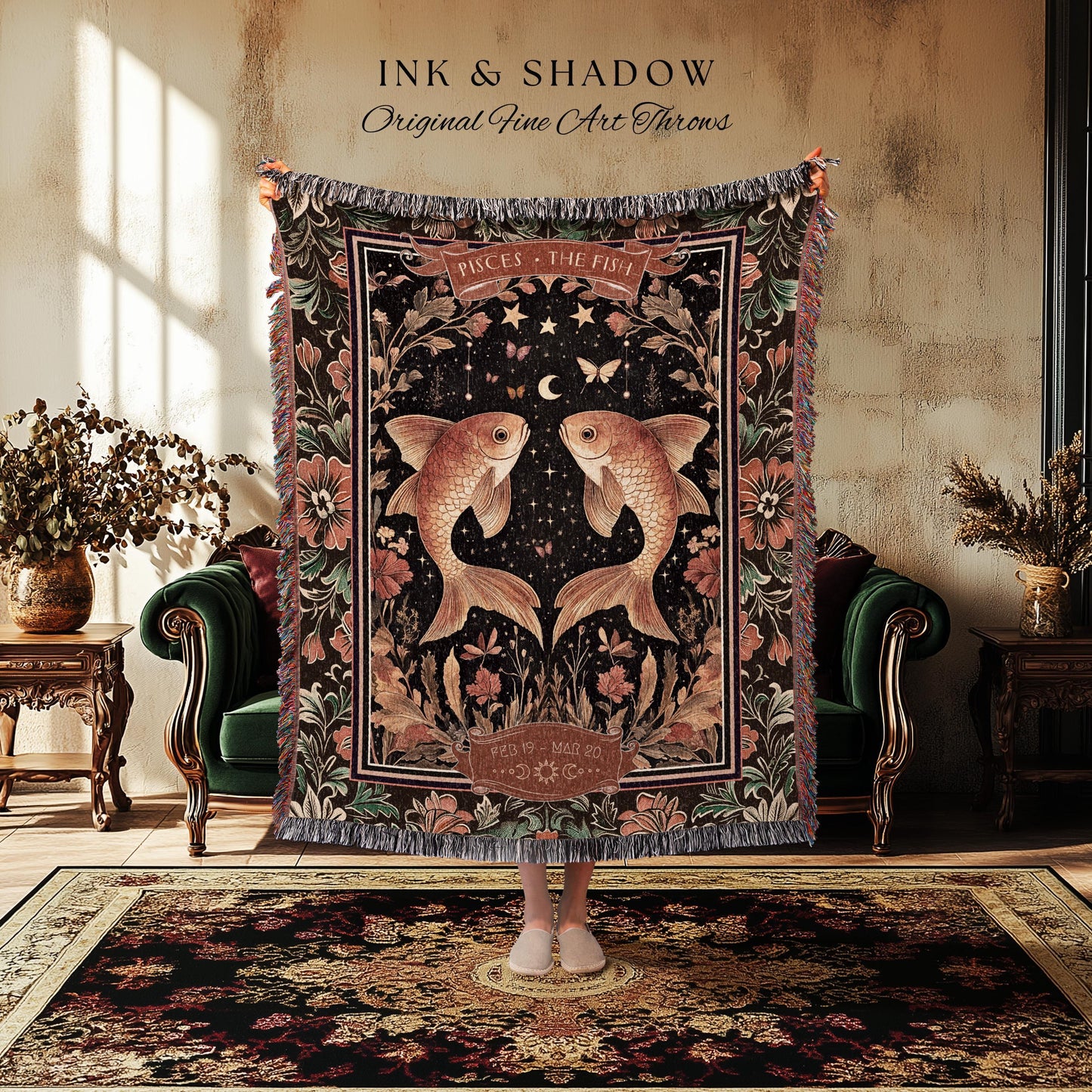 Dark Floral Celestial Pisces Zodiac Tapestry Throw Mystic Star Sign Astrology Gifts | Regal Vintage Victorian Fish Art Birth Month Blanket