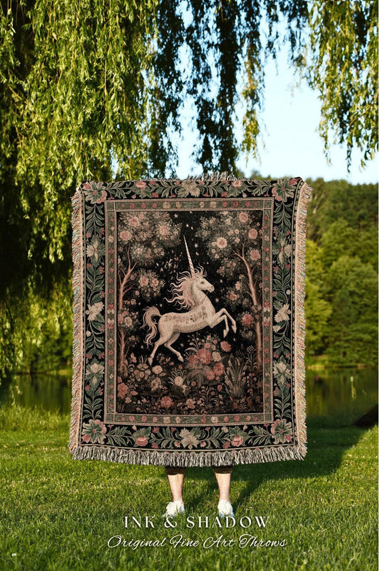 Fairy Aesthetic Unicorn Tapestry Blanket | Whimsigoth Room Decor William Morris Inspired Cottagecore Aesthetic Fairycore Woven Throw Magical