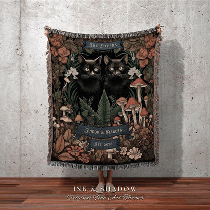 The Lovers Cat Couple Blanket | Tarot Tapestry Personalized Anniversary Gift Celestial Art Nouveau Aesthetic Custom Couples Black Cat Throw