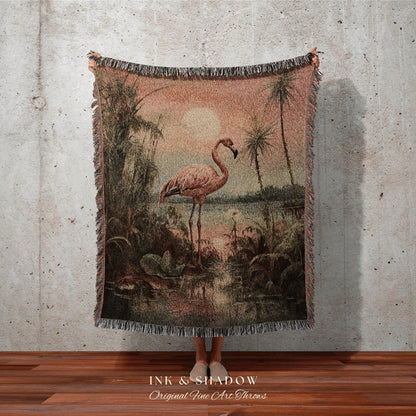 Flamingo Painting Tropical Tapestry Woven Wall Hanging | Jungle Aesthetic Beachy Blanket Woven | Flamingo Home Decor Beach House Blanket |