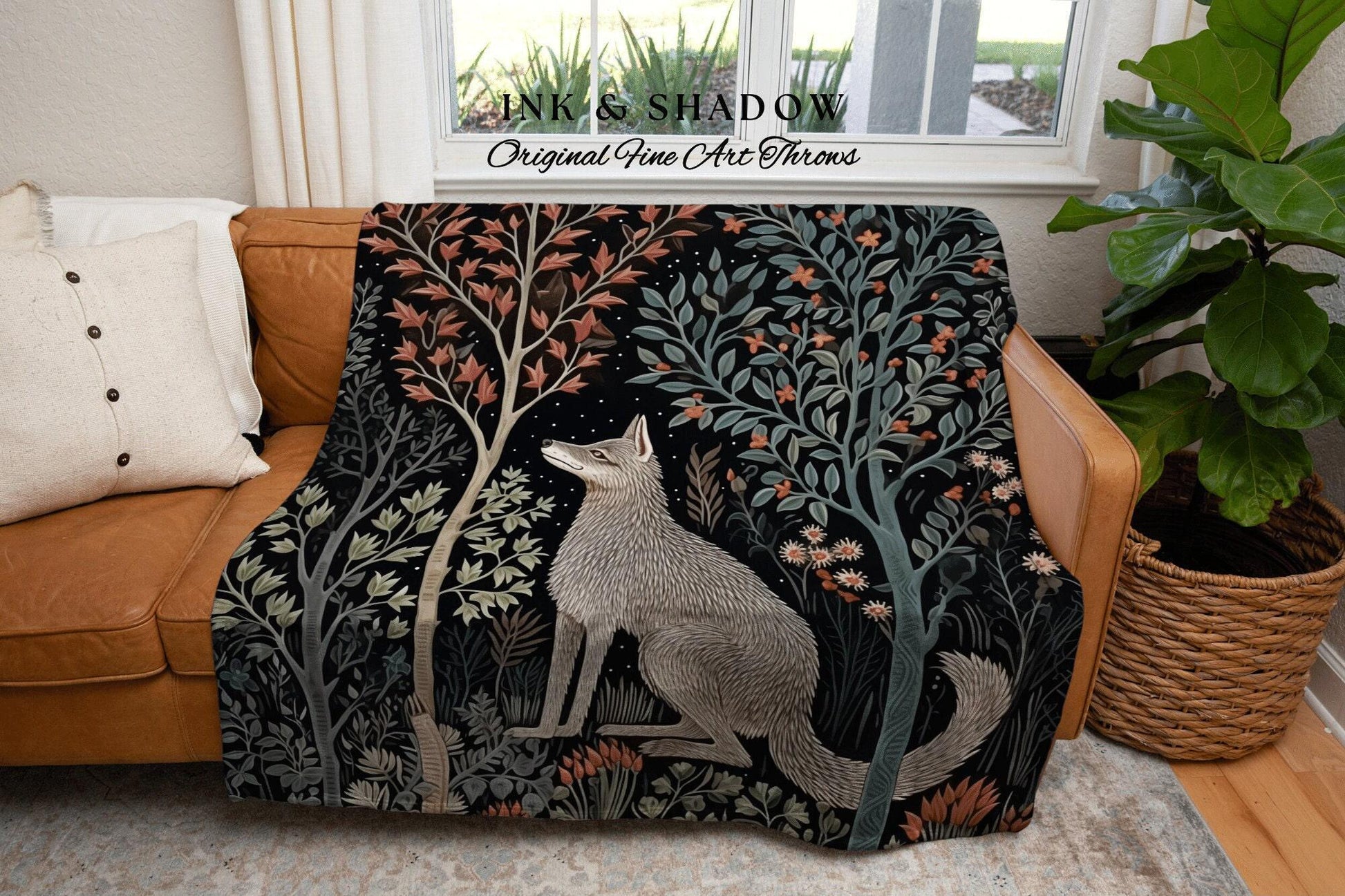 Scandinavian Wolf Blanket Woven Jacquard Cotton | Nordic Folk Art Tapestry Throw William Morris Style Woodland Gothic Dark Cottagecore Home